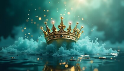 Gold crown sits amidst turquoise clouds  water bathed in light with shimmering specks floating