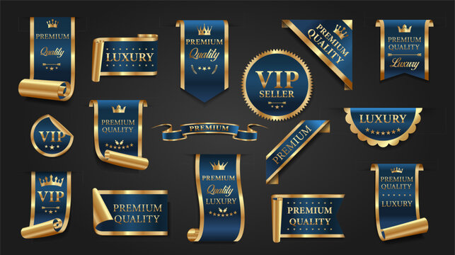 Set of gold and blue premium quality and VIP labels with elegant ribbon designs, ideal for branding, packaging, or ecommerce badges. Vector illustration.
