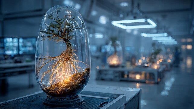 Stunning tree encased in glass glows with life force in modern science lab, symbolizing growth and innovation