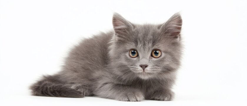 The playful gray kitten with curious eyes resting on a white background.