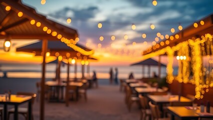 Beach restaurant at golden hour with string lights, evoking a warm and inviting atmosphere.