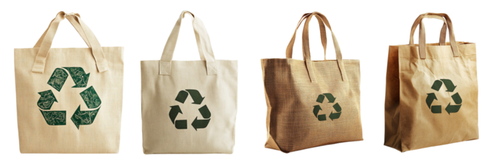 Set of reusable eco-friendly shopping bags with recycling symbols isolated on transparent background, Cutout PNG