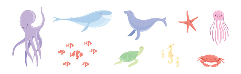 Funny Sea Animals and Ocean Swimming Creature Vector Set