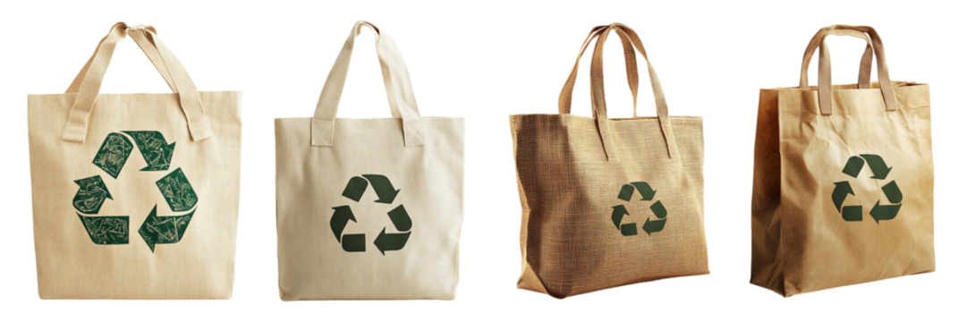 Set of reusable eco-friendly shopping bags with recycling symbols isolated on transparent background, Cutout PNG