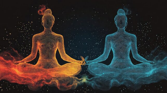 Spiritual drawings with meditative poses, symbolic visuals, and emotional energy rendered in stylized line art for wellness design, mindfulness content, or artistic themes.