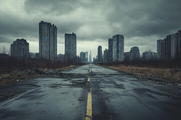 Obraz premium Abandoned Urban Wasteland: A Post-Apocalyptic Cityscape with Overgrown Road and Moody Sky