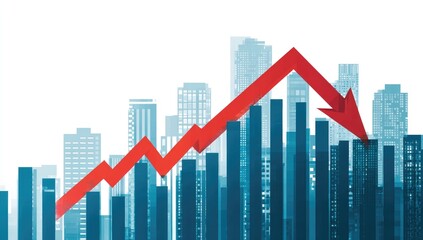Red upward trend graph against a backdrop of dark-toned city buildings.  A downward red arrow appears on part of the graph