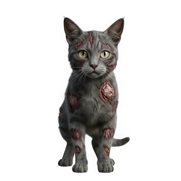 Zombie cat halloween pet costume scary feline animal monster kitten spooky gray isolated on transparent background