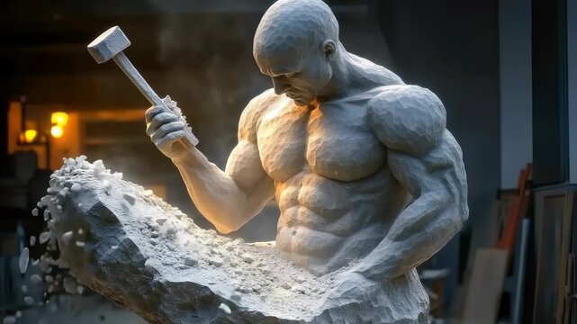 Build your essence: a sculpture cuts away unnecessary stone from itself, expressing the journey of focus, growth, and unwavering commitment to personal goals and inner mastery
