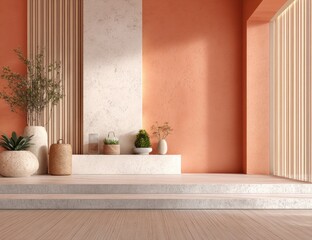 Fototapeta premium Minimalist, sunlit room with peach walls, steps, and wood floors