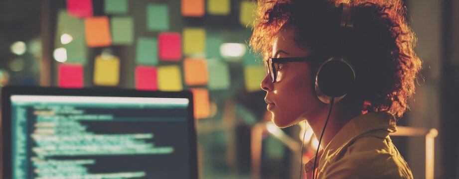 The woman wearing headphones coding at her creative workspace in the evening.