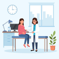 Illustration of a doctor examining a pregnant woman during a prenatal check-up, symbolizing maternity care and healthcare.