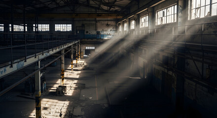 Obraz premium Sunlight streams into an abandoned industrial factory, illuminating dust motes in the air.