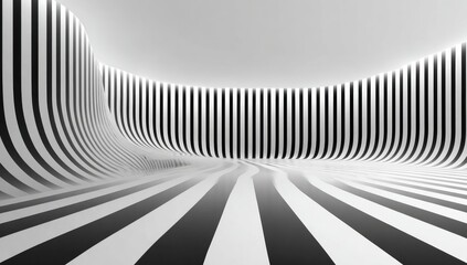 Abstract monochrome interior with wavy striped walls and floor