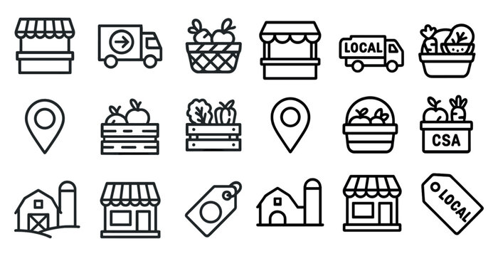 Farmers market outline icons set – local produce, fresh food, natural symbols