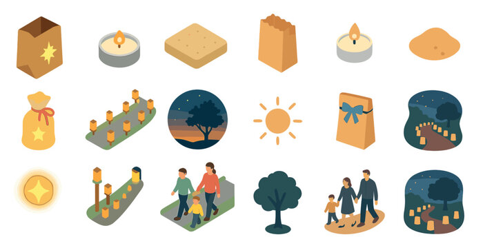 Luminaria isometric icons set &ndash; light, lantern, glowing celebration symbols