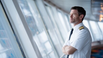 Fototapeta premium Confident male ship's officer in uniform looking out from the navigation bridge of a vessel