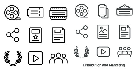 Film and cinema outline icons set – linear, pixel art, distribution and marketing symbols