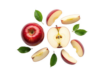 Whole and sliced red apples with green leaves on half