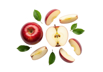 Whole and sliced red apples with green leaves on half