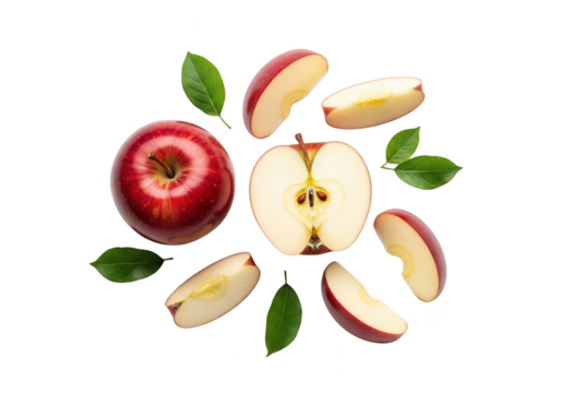 Whole and sliced red apples with green leaves on half