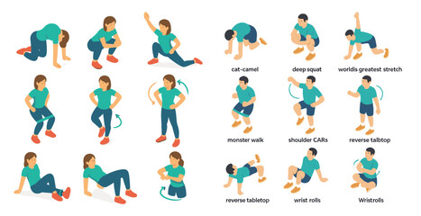 Fototapeta premium Exercise and fitness icons set – flat, solid, workout and stretching illustrations