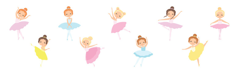 Lovely Little Ballerina in Tutu Skirt and Leotard Dancing and Training Vector Set