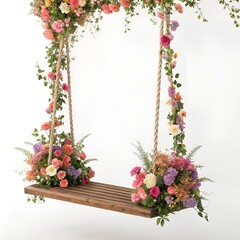 Fototapeta premium A wooden swing decorated with colorful flowers hanging against white backdrop