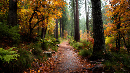 Naklejka premium Enchanting autumn forest trail with colorful foliage offering a serene landscape suitable for hiking and exploring