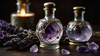 Purple glass bottles with crystals and dried lavender