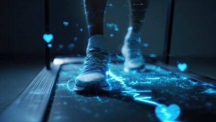 Person walking on a treadmill with glowing heart and heart rate data overlay