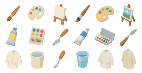Art supplies icons set &ndash; isometric palette, painting, creative design tools
