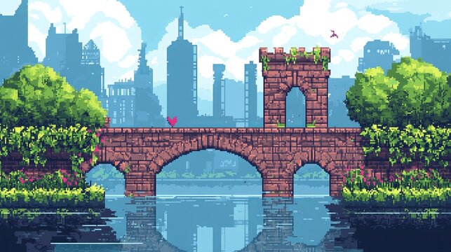 Pixelated bridge over a tranquil river, with a cityscape in the background and lush greenery
