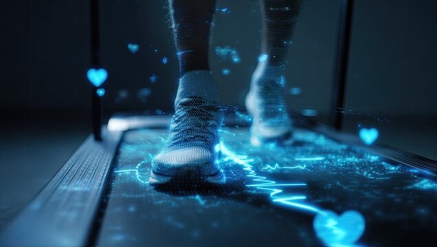 Person walking on a treadmill with glowing heart and heart rate data overlay