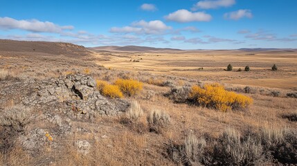 Fototapeta premium Open, arid landscape with rocky outcrops and golden shrubs under a vibrant blue sky