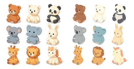 Cute animal toys icons set – flat, filled, stuffed animal illustrations