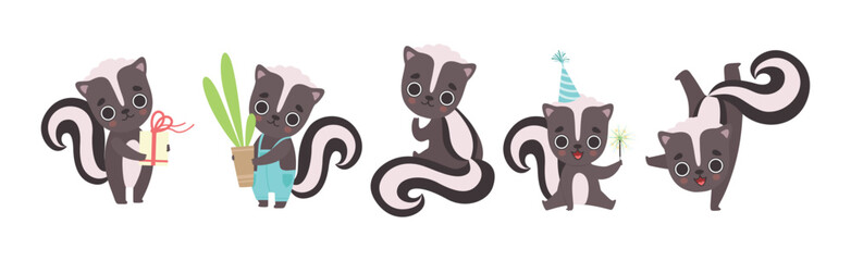 Cute Skunk Animal Character Engaged in Different Activity Vector Set