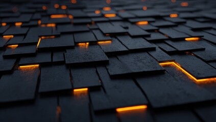 Obraz premium Dark, textured, rectangular panels, lit with warm orange lines
