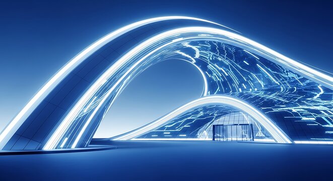 Futuristic blue architectural structure with sleek curved lines