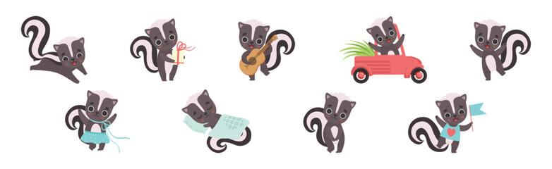 Cute Skunk Animal Character Engaged in Different Activity Vector Set