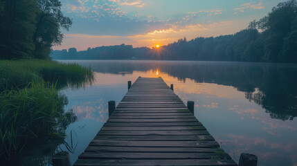 Fototapeta premium Sunrise over tranquil lake reflected in water, a wooden pier leading to the horizon, nature's serenity.
