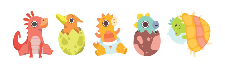 Cute Dinosaur Baby and Cub with Pretty Snout Vector Set