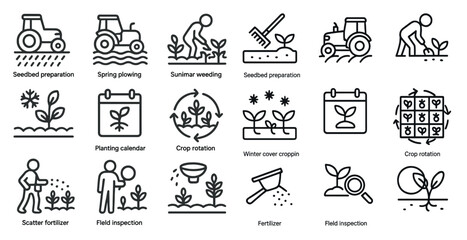 Fototapeta premium Agriculture and farming line icons set – outline, linear, planting and crop symbols
