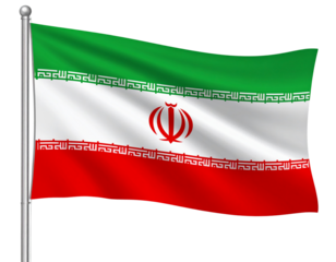 Waving Iranian Flag with Emblem and Kufic Script, Side-Angled View, Isolated PNG .