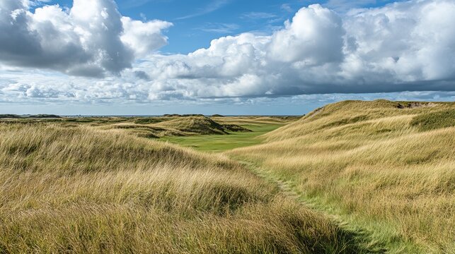 Expansive golden dunes, a path meanders through tall grass, light clouds in a clear blue sky