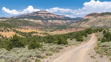 Scenic dirt road winding through a colorful mountain valley under a partly cloudy sky
