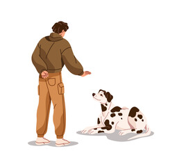 Owner and dog are training obedience. Man teaches dalmatian to follow command to lie down. Trainer does exercises with pup. Boy plays with puppy. Flat isolated vector illustration on white background