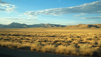 Golden desert landscape with mountains in the distance. Sunlight filters through clouds