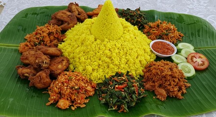 Festive nasi kuning arranged on banana leaves, embodying Indonesia's culinary celebration of Independence Day.