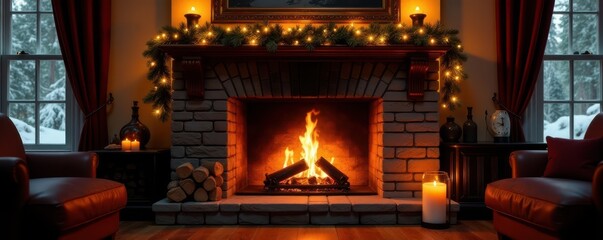 Cozy fireplace with glowing embers, garland draped mantel , rustic, cozy